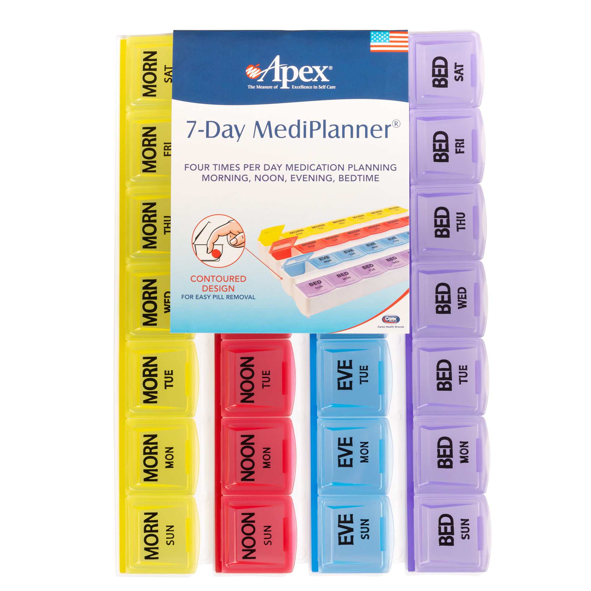 Carex Four-a-Day 7-Day Pill Organizer, Medicine Box for Tablets and Vitamins, Travel-Friendly