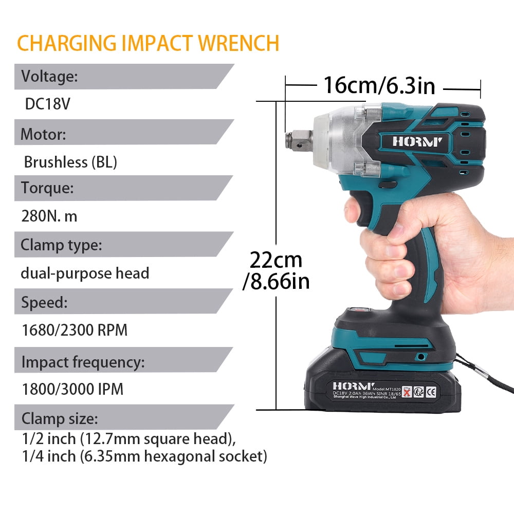 Hormy Cordless Impact Wrench, 1/2 inch Wrench with Two 2.0Ah Batteries 18V Brushless Motor & LED Lighting for Home Car Tire Lug Nut Removal Tool