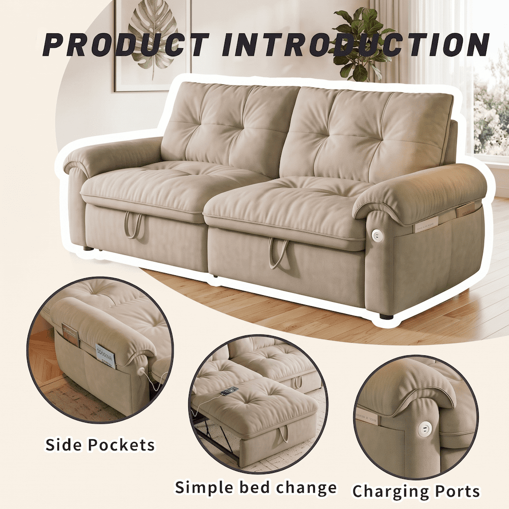 Xiweot Convertible Sleeper Sofa Bed, 77" Queen Size Pull Out Couch with Side Pocket, Adjustable Backrest & USB Ports, Comfy Velvet Loveseat for Living Room Apartment Small Space (Brown)