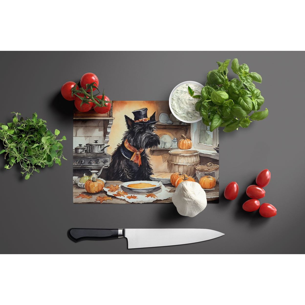 Scottish Terrier Fall Kitchen Pumpkins Glass Cutting Board Large 12 in x 15 in