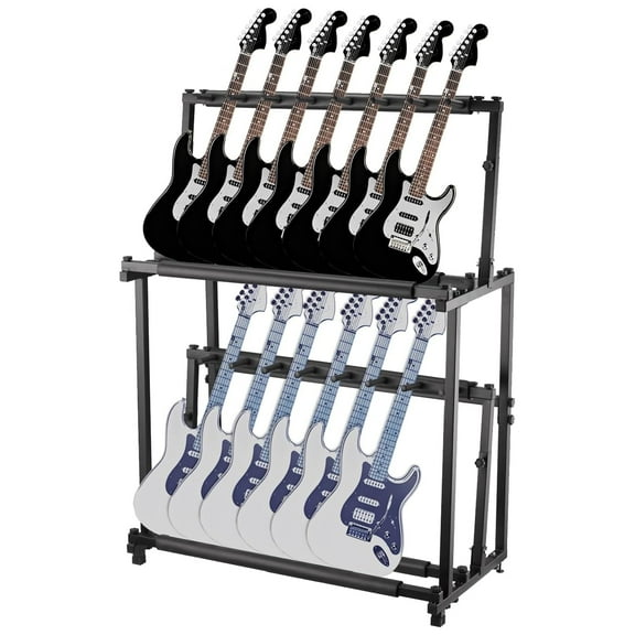 14-Slot Adjustable Guitar Stand - Double Layer Folding Display Rack for Guitars, Ukuleles & Violins with Soft Sponge Protection
