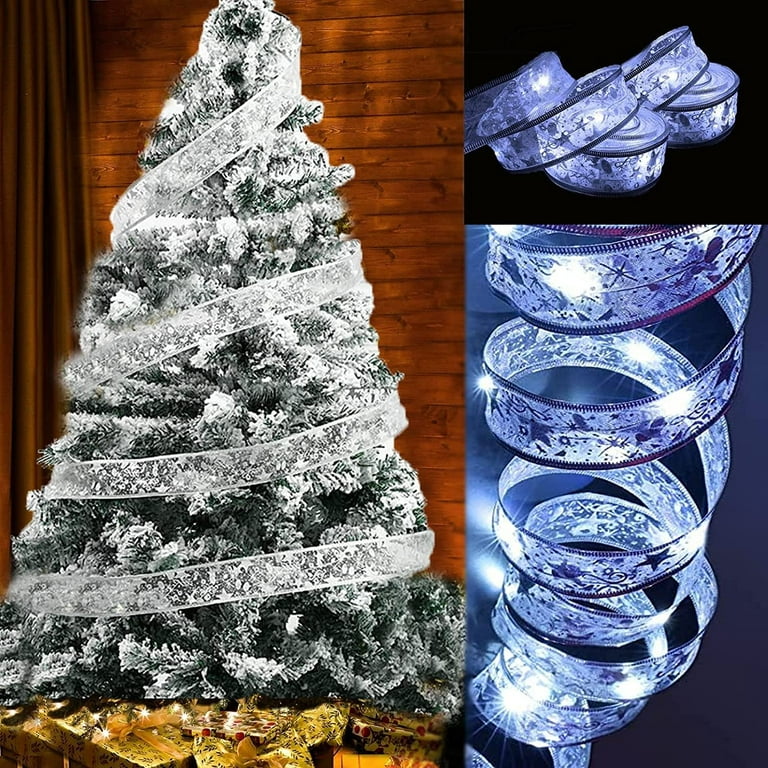 Christmas Tree Ribbon Lights String, Happiwiz Silver 33 ft 100 LED Fairy Lights Copper Wire Ribbon Bows Lights for Xmas Tree Holiday Wedding Party