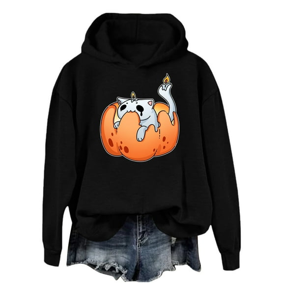 TrendOFT Pumpkin Hoodies Halloween Sweatshirts for Women Fall Cute Pumpkin Lightweight Pullover Tops Black L