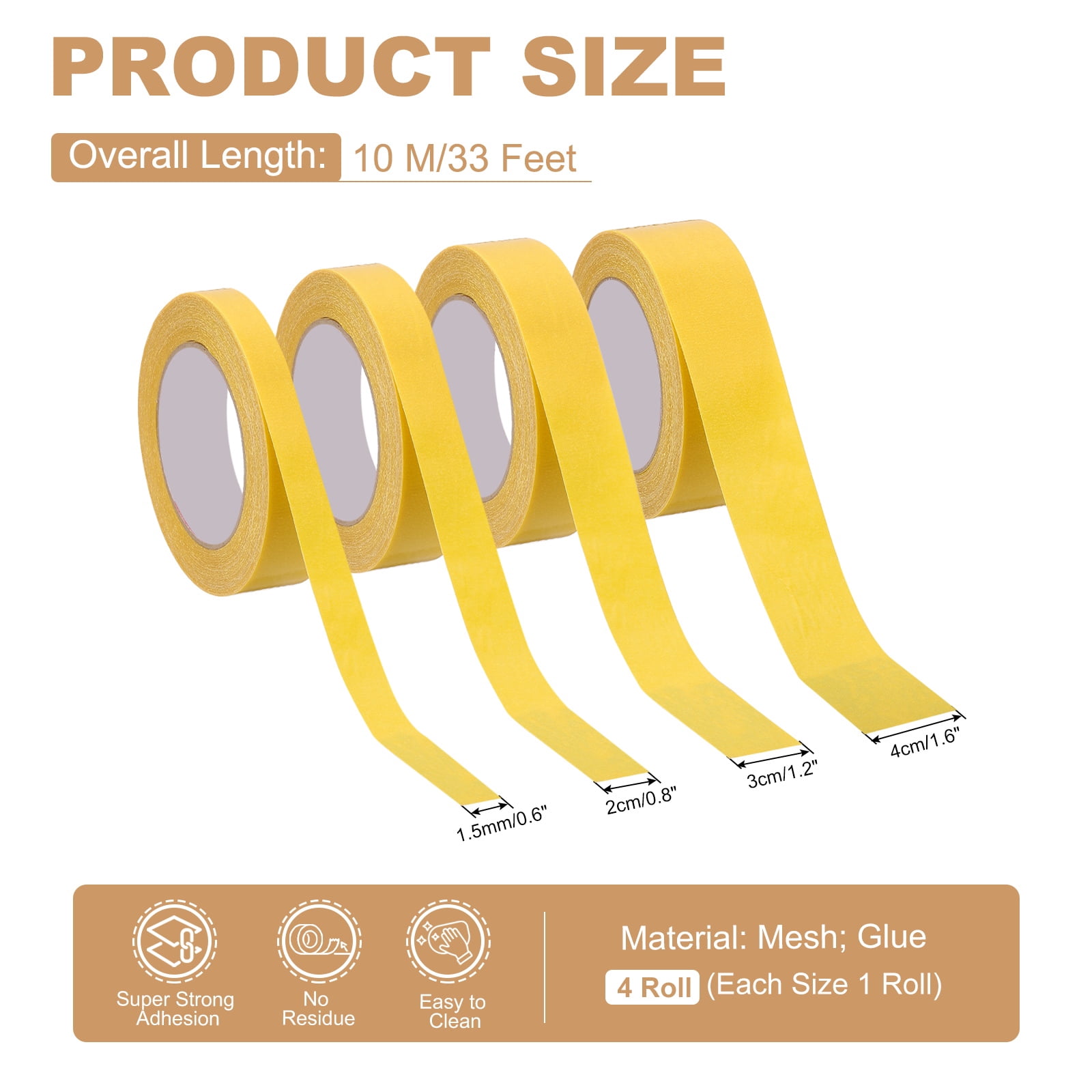 Uxcell Fabric Tape, 4 Roll Carpet Tape Mesh Tape, 33 Feet x 0.6/0.8/1.2/1.6", Yellow
