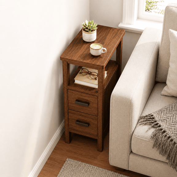 SOLTERIELLE Narrow End Tables Set of 2, 11.81" Slim Wood Nightstands with Charging Stations and 2 Drawers for Bedroom and Living Room, Warm Brown