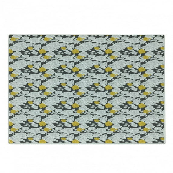 Rose Cutting Board, Hand Drawn Style Retro Romantic Blossoms in Yellow and White Tones, Decorative Tempered Glass Cutting and Serving Board, Small Size, Charcoal Grey Yellow, by Ambesonne