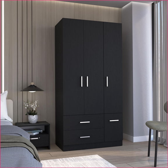 Chests & Wardrobes | Sebree 71” High Armoire Wardrobe Closet with 2 Drawers, 4 Doors, 6 Shelves, Hanging Rod | Black | Particle Board