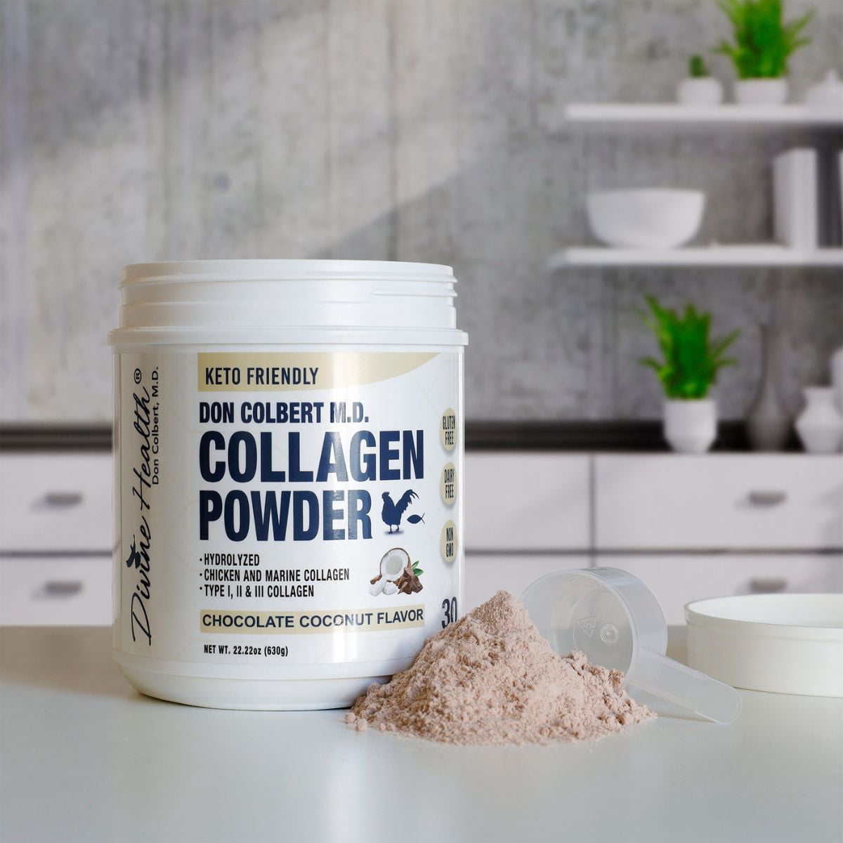 Dr. Colbert, MD Hydrolyzed Collagen Powder | Chocolate Coconut Flavor | by Divine Health | Type I, II, III Collagen | Support Healthy Hair, Skin, Nails and Joints | Keto Zone | 630g | 30 Servings