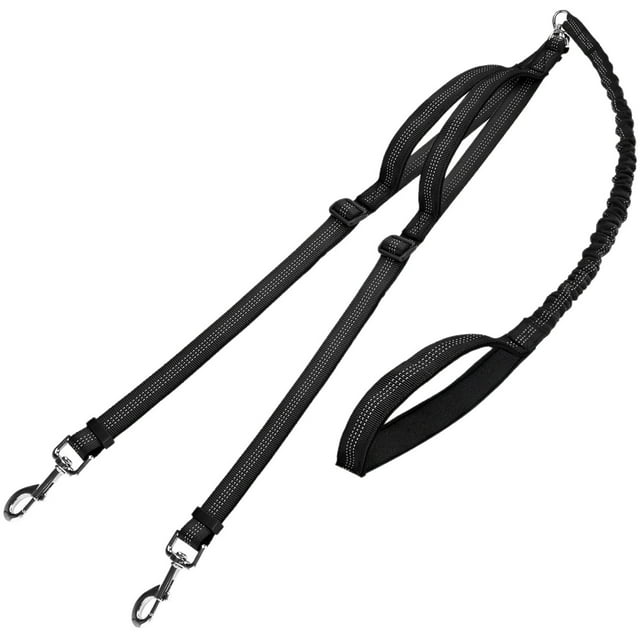 Double Dog Leash with Extra Traffic Handles, 360 Swivel No Tangle Dual Dog Walking Leash, Comfortable Shock Absorbing Reflective Bungee for Two Dogs( Black)