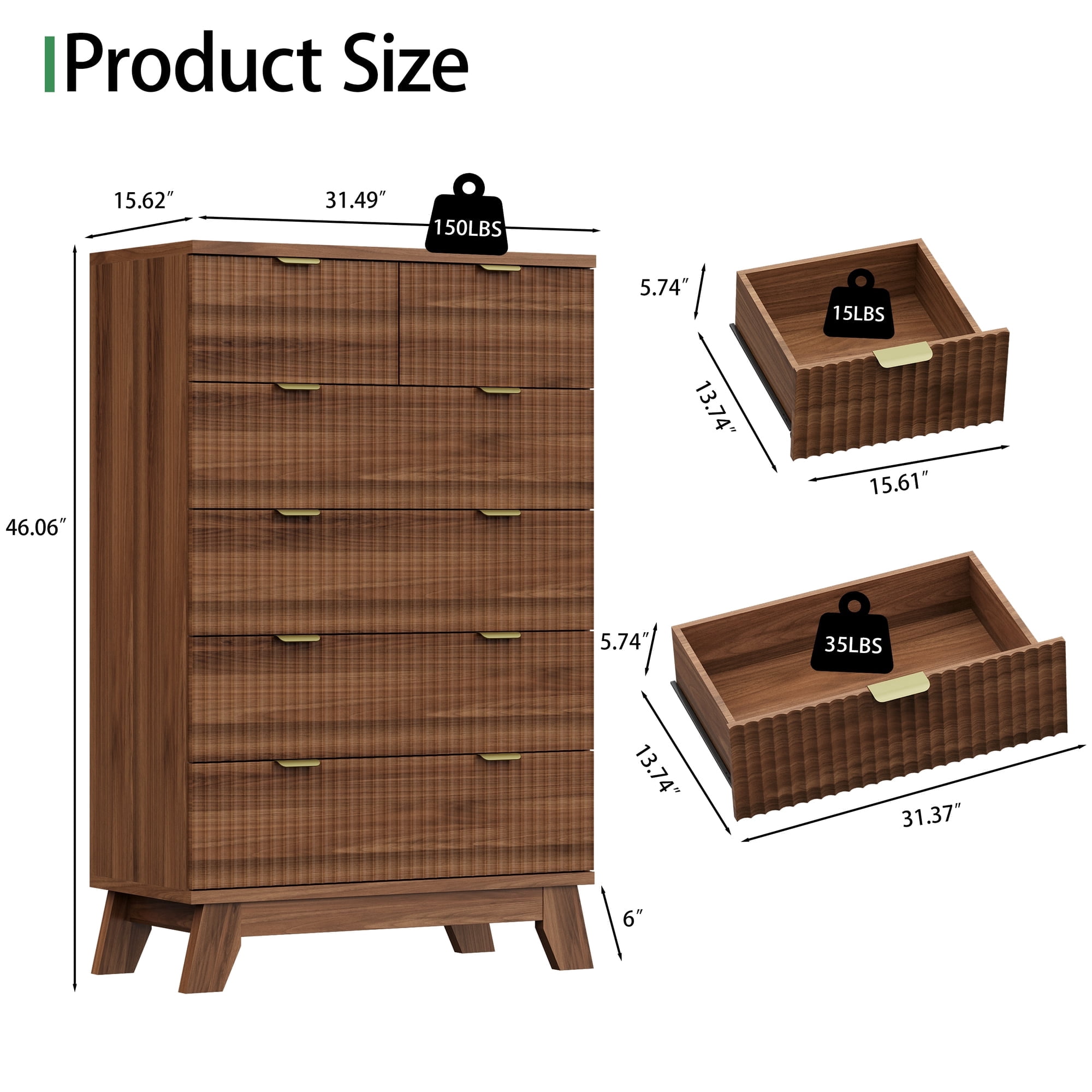 FANRAL Tall 6 Drawers Dresser Fluted Dresser for Bedroom,Wooden Chest of Drawers Modern Dresser for Closet,Walnut Dresser