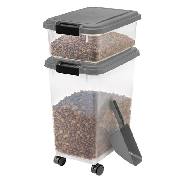 IRIS USA Dog Food Storage Container, 13.6 Kg &amp; 5 Kg Combo, Cat Food Storage Container, Dog Treat Container, Airtight, Stackable, 2-Cup/ 450 g Scoop, Wheels, Ea