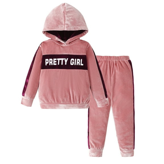 6Y Little Girls Clothes 7Y Girls Fall Winter Pant Set Little Girls Long Sleeve Letter Print Hooded Top Pants 2PCS Set Pink