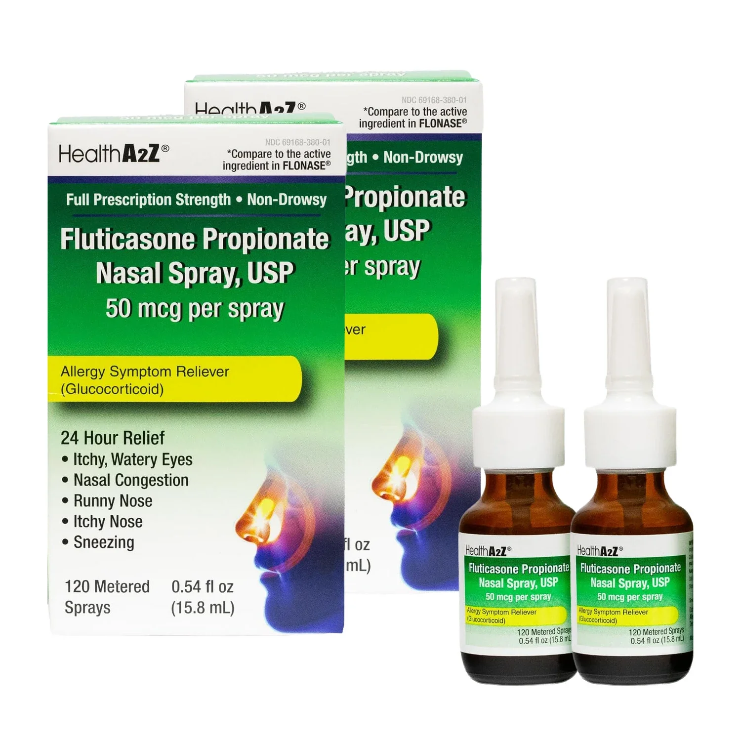 (2 pack) HealthA2Z® Fluticasone Propionate Nasal Spray | 120 Sprays | 50 mcg per Spray | 24 Hour Allergy Relief | 0.54 fl oz (15.8 mL) | Relief from Nasal Congestion | Runny Nose | Sneezing