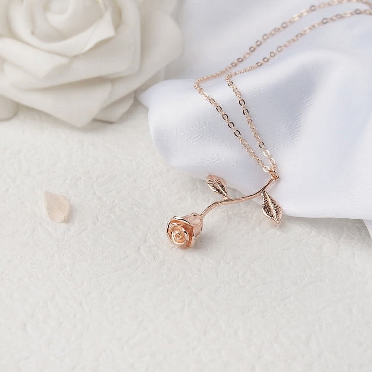 Rose Gold Brass Rose Flower Necklace Pendant Jewelry Valentine's Day Gift Set for Her