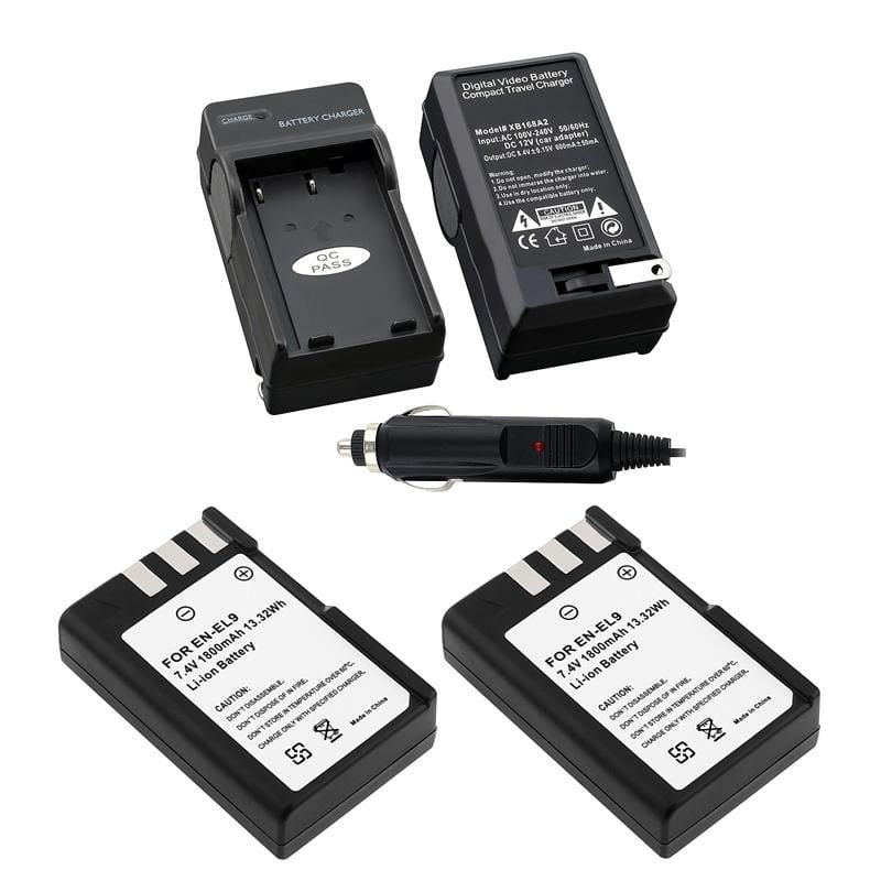 1300mAh, 7.4V, Lithium-Ion Replacement for Nikon EN-EL9 Digital Camera Battery and Charger Charger with Car /& EU Adapters 2X Pack Nikon D40 Battery