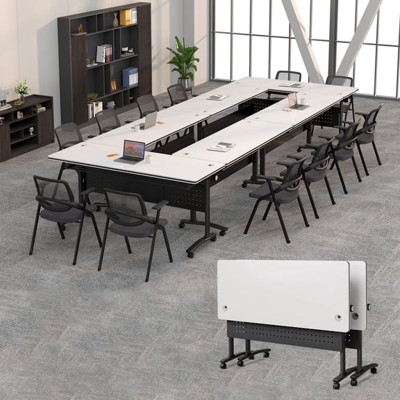Modular Conference Room Tables, 2 Pack Folding Conference Tables Mobile Meeting Training Table for Office, Modern Foldable Rolling Seminar Desk(70.8in,White)