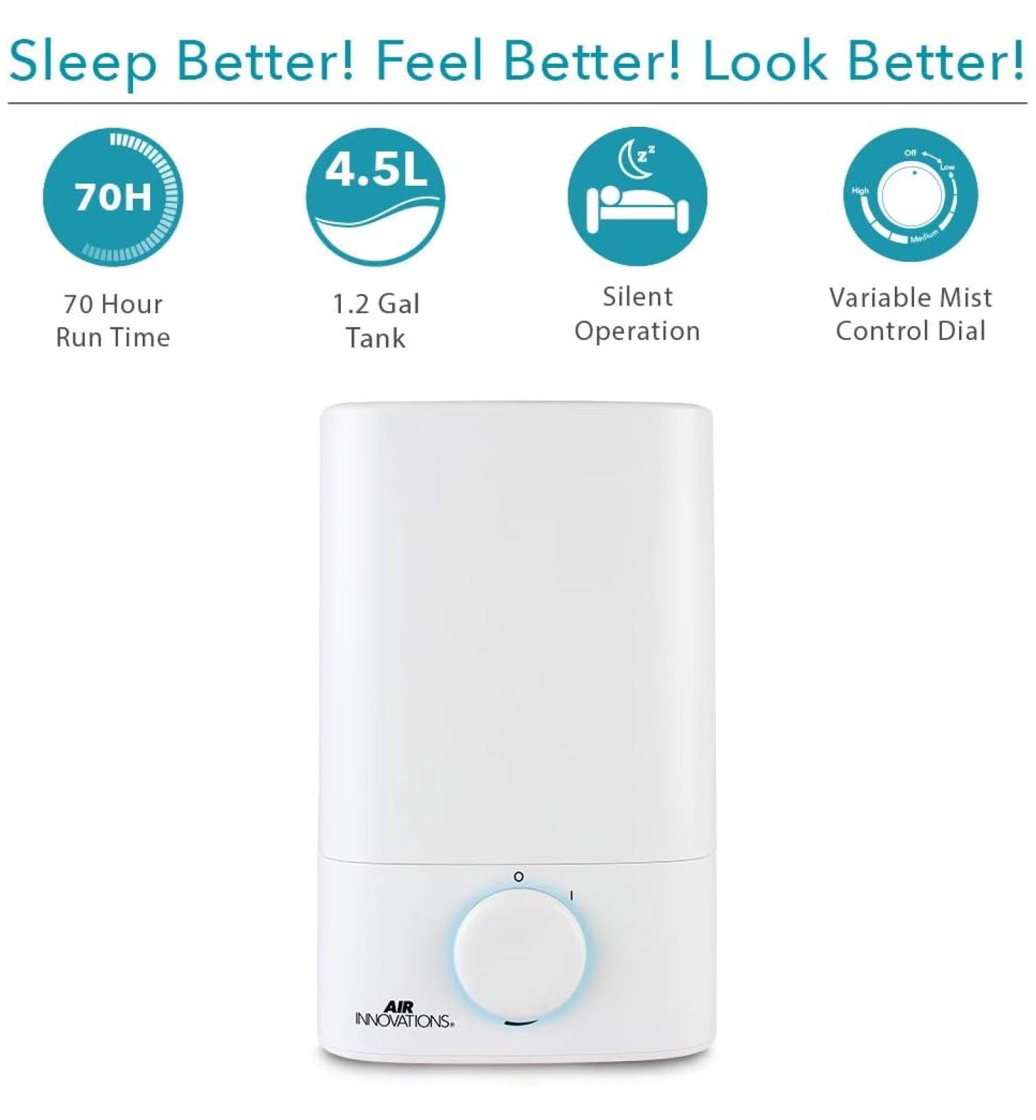 Humidifiers for Bedroom Convenient Oversized 4.5L Runs for 70 Hours for Large Room up to 400 Sq Ft Top Fill Cool Mist Humidifier Ideal for Baby Room and Plants MH-419, White, 1.2