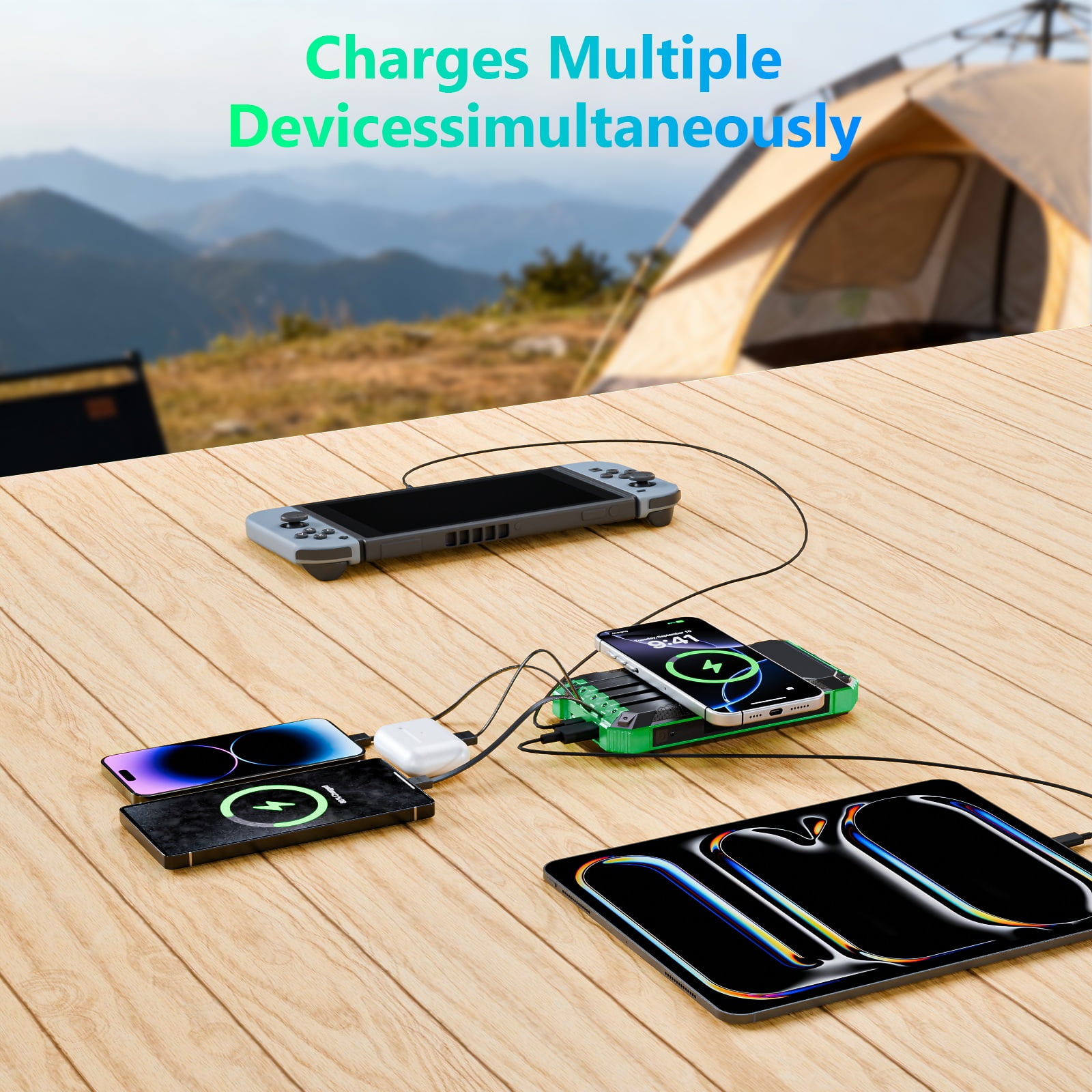 CATGOOD 20000mAh Solar Power Bank, 22.5W Fast Charging Portable Charger with 4 Built-in Cables & 10W Wireless Charging, Travel Battery Pack with Camping Flashlight(Green)