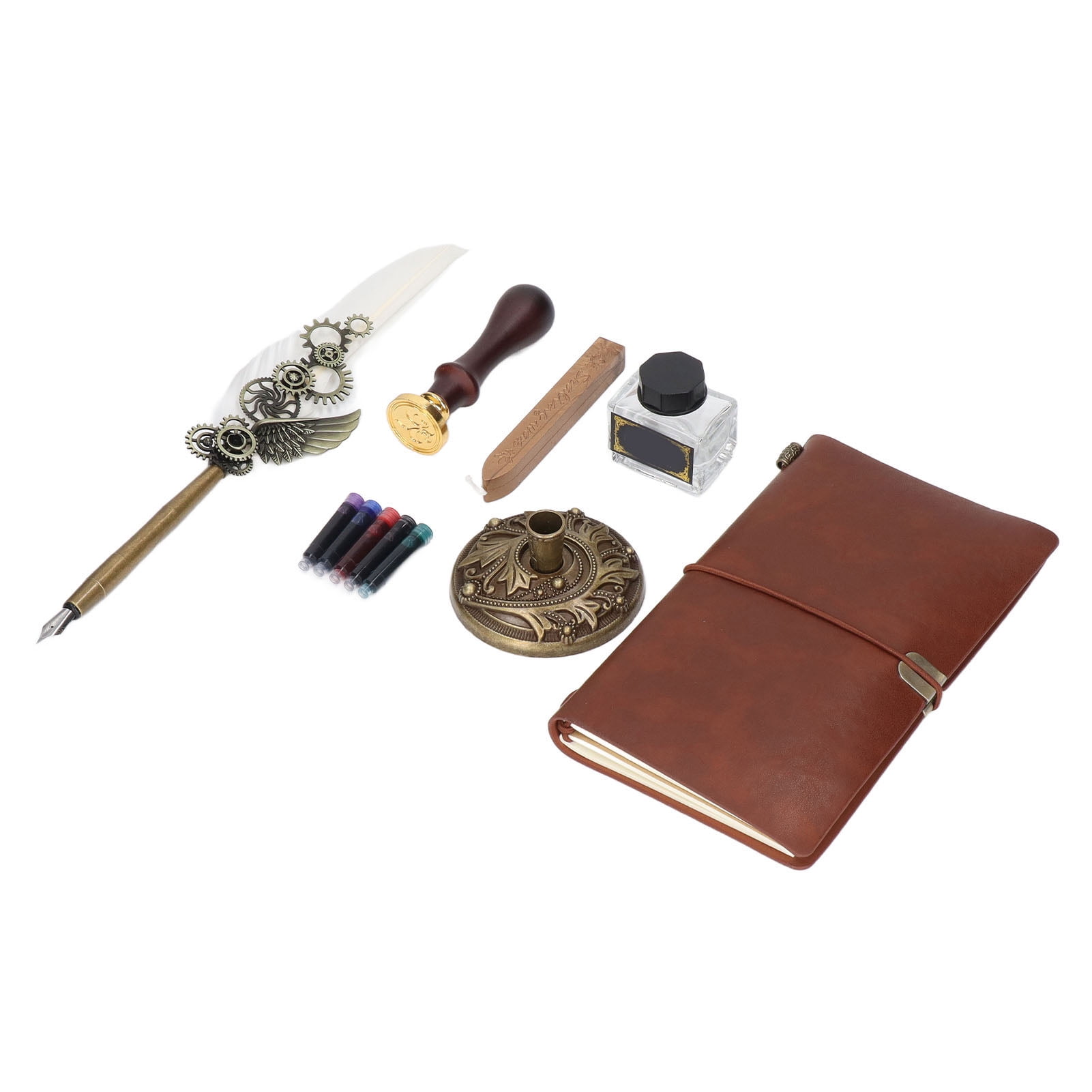 Nieyigj White Feather Pen Set Mechanical Texture Vintage Elegance Quill Ink Pen Calligraphy Art Kit with Metal Engraved Nib Notebook Stamp Perfect Corporate Gift for Desk Decor (11.4 inches / 29 cm)