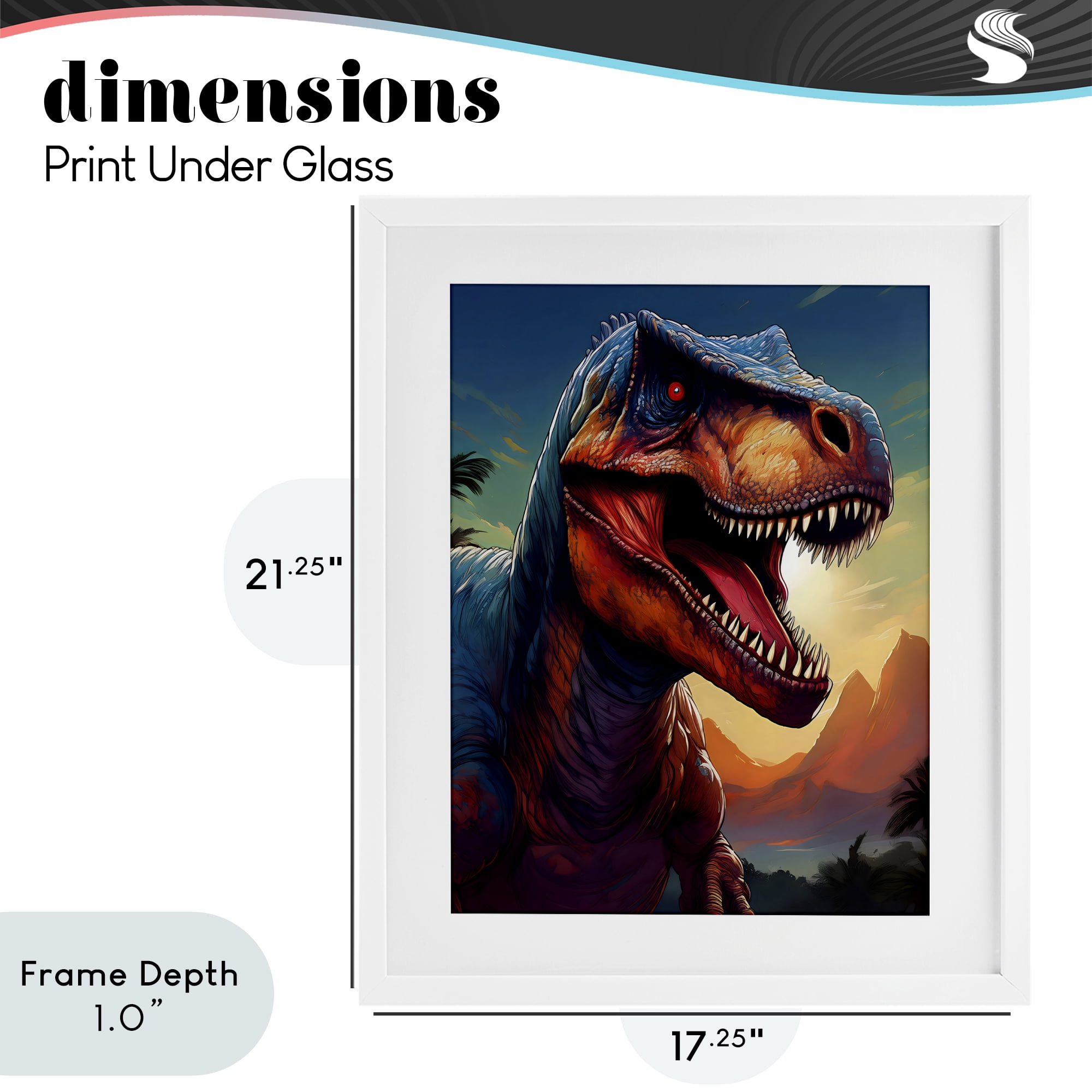 Stupell Industries Dinosaur with Sunset Landscape White Framed Print Under Glass, design by Creative Studio