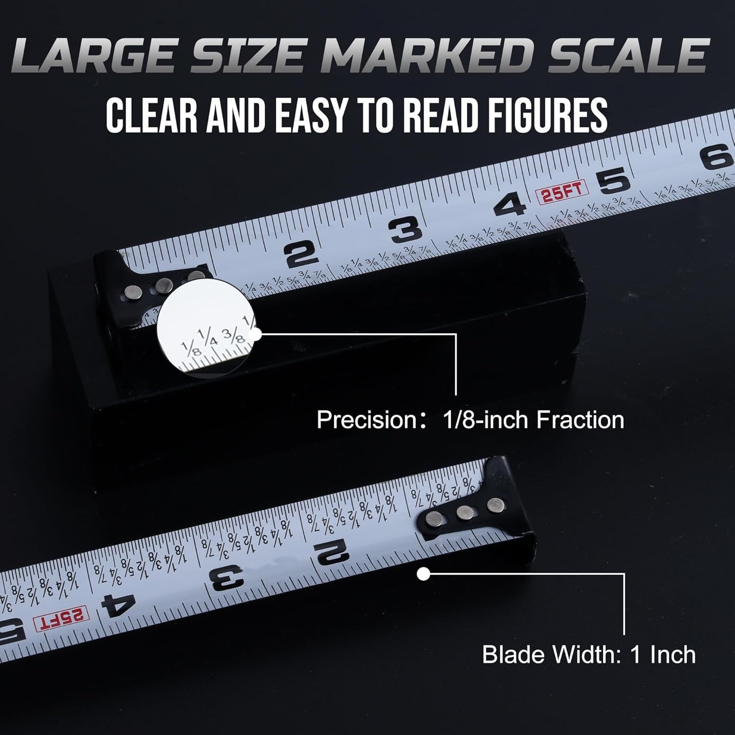 Tape Measure 25 ft with Magnetic, 6 Pack Bulk Easy Read Chrome Measuring Tape Retractable with Fractions 1/8, Measurement Tapes 25-Foot by 1-Inch, Round