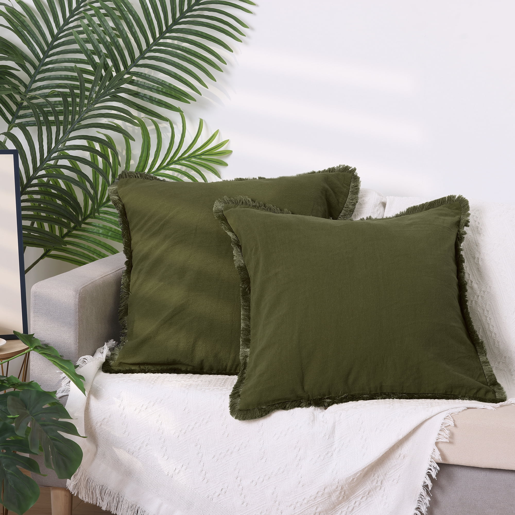 Unique Bargains 4 Pcs Cotton Throw Pillow Cover with Tassel Trim for Home Decor Green/Gray 18" x 18"