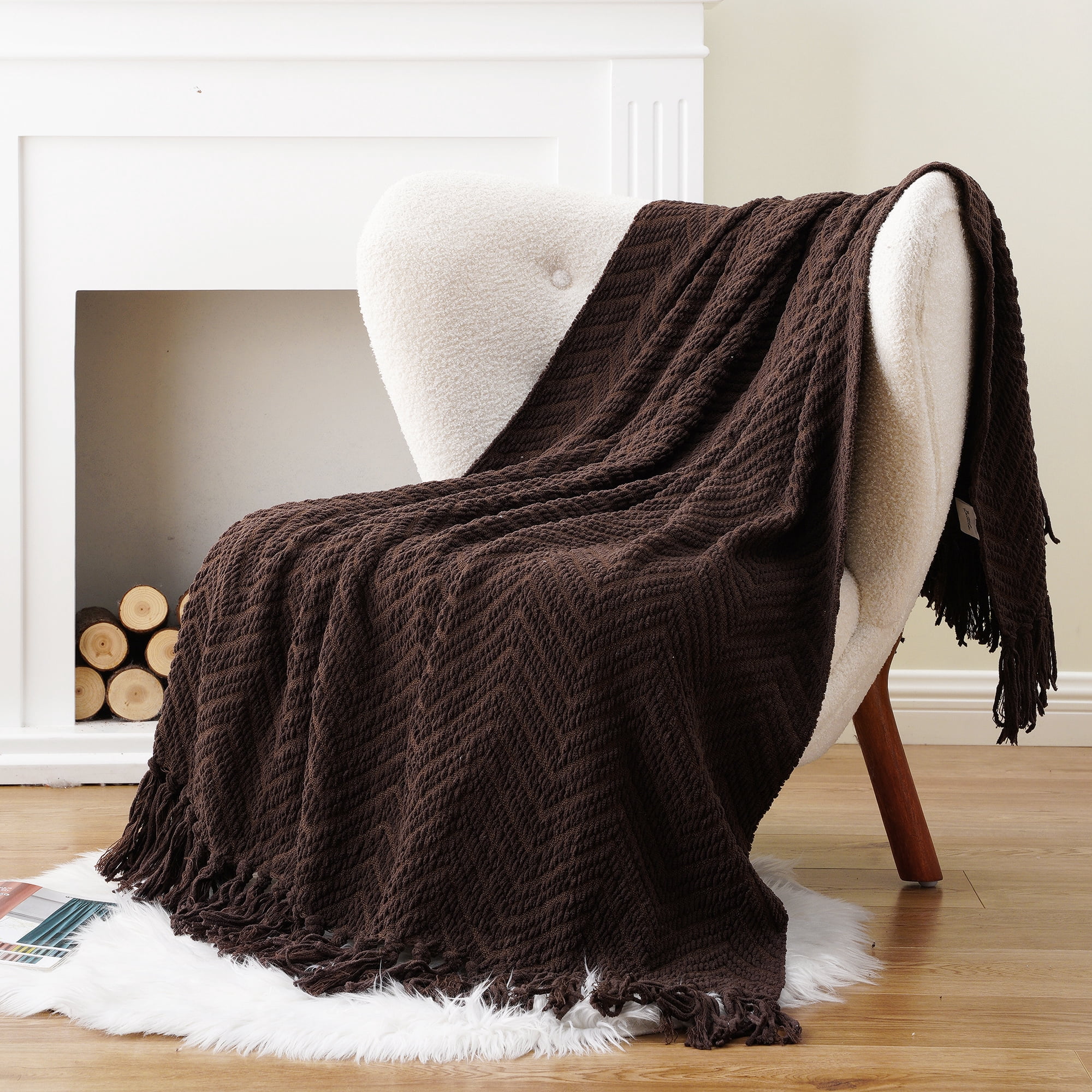 Battilo Dark Brown Throw Blanket for Couch, Cozy Knitted Chocolate Brown Throws for Bed Sofa,50"x60"