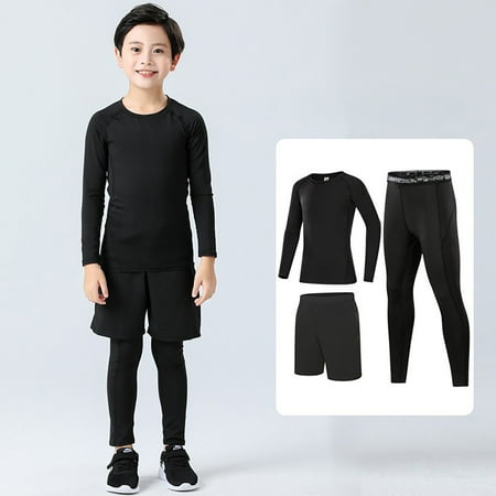 JIANJIA Boys Outfit Sets Solid Color Crew Neck Long Sleeve Base Tops With Leggings Underwear Running Pants Streetwear