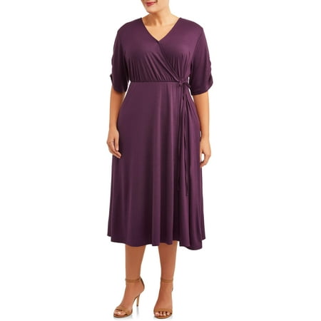 Terra & Sky Women's Plus Size Solid Midi Faux Wrap Dress with Ruched Elbow Sleeves