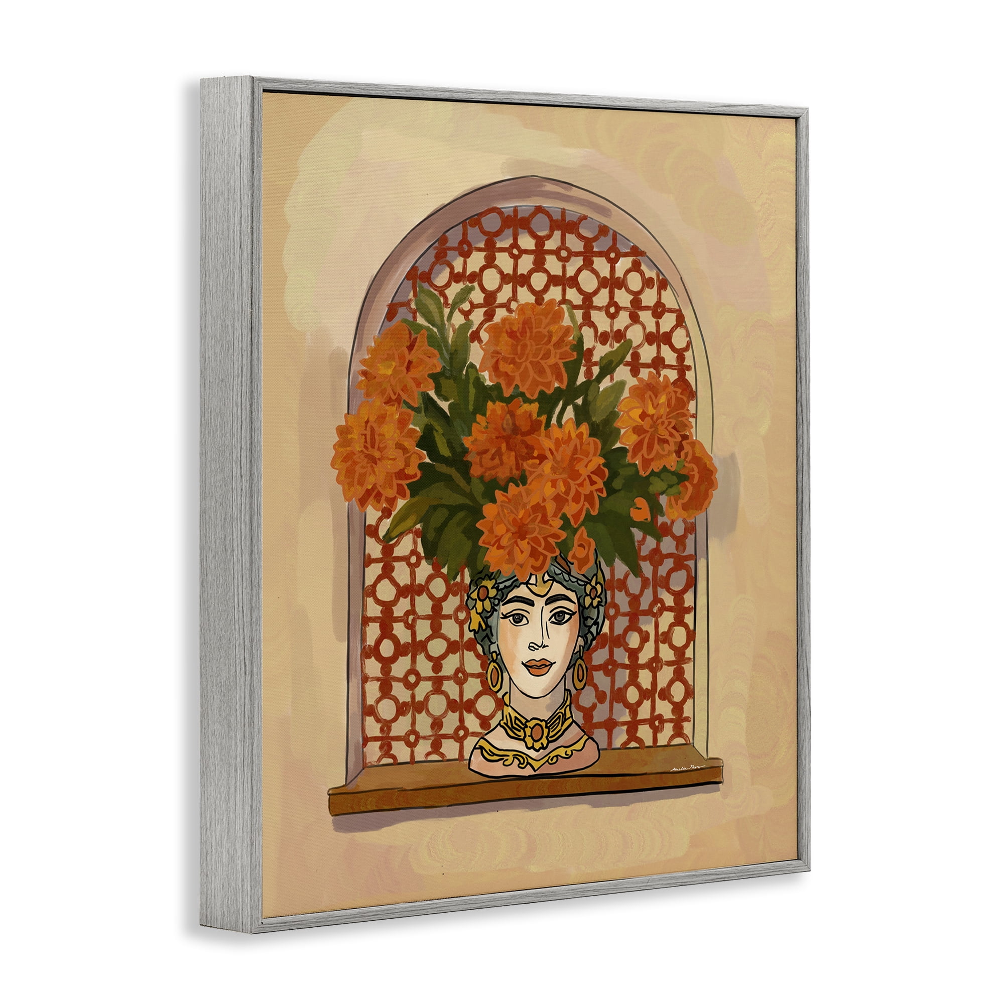 Stupell Industries Ornate Flower Head Vase Gray Framed Giclee Art, design by Amelia Noyes