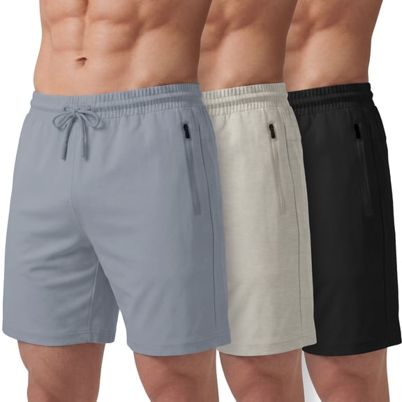 Athletic Shorts For Men 3 Pack Casual Shorts 8" Basketball Gym Shorts With Zipper Pockets Black, Taupe Heather, Dusty Blue Size L