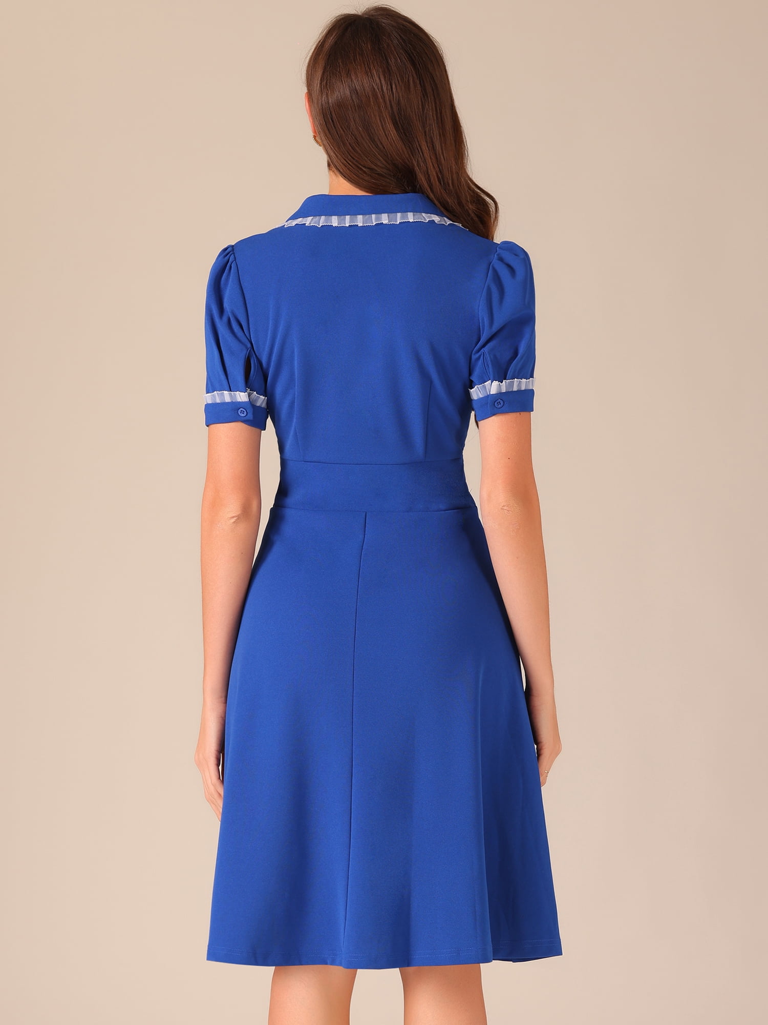 DARING DIVA Women's Vintage Puff Sleeve Peter Pan Collar Dress L Royal Blue