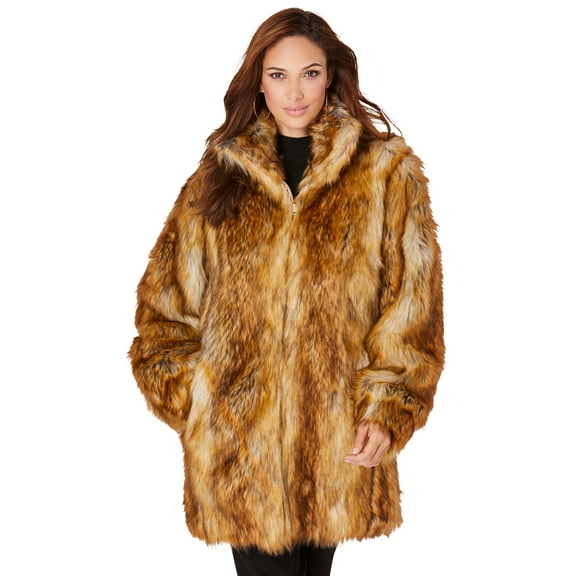 Roaman's Women's Plus Size Mid-Length Hooded Faux Fur Coat