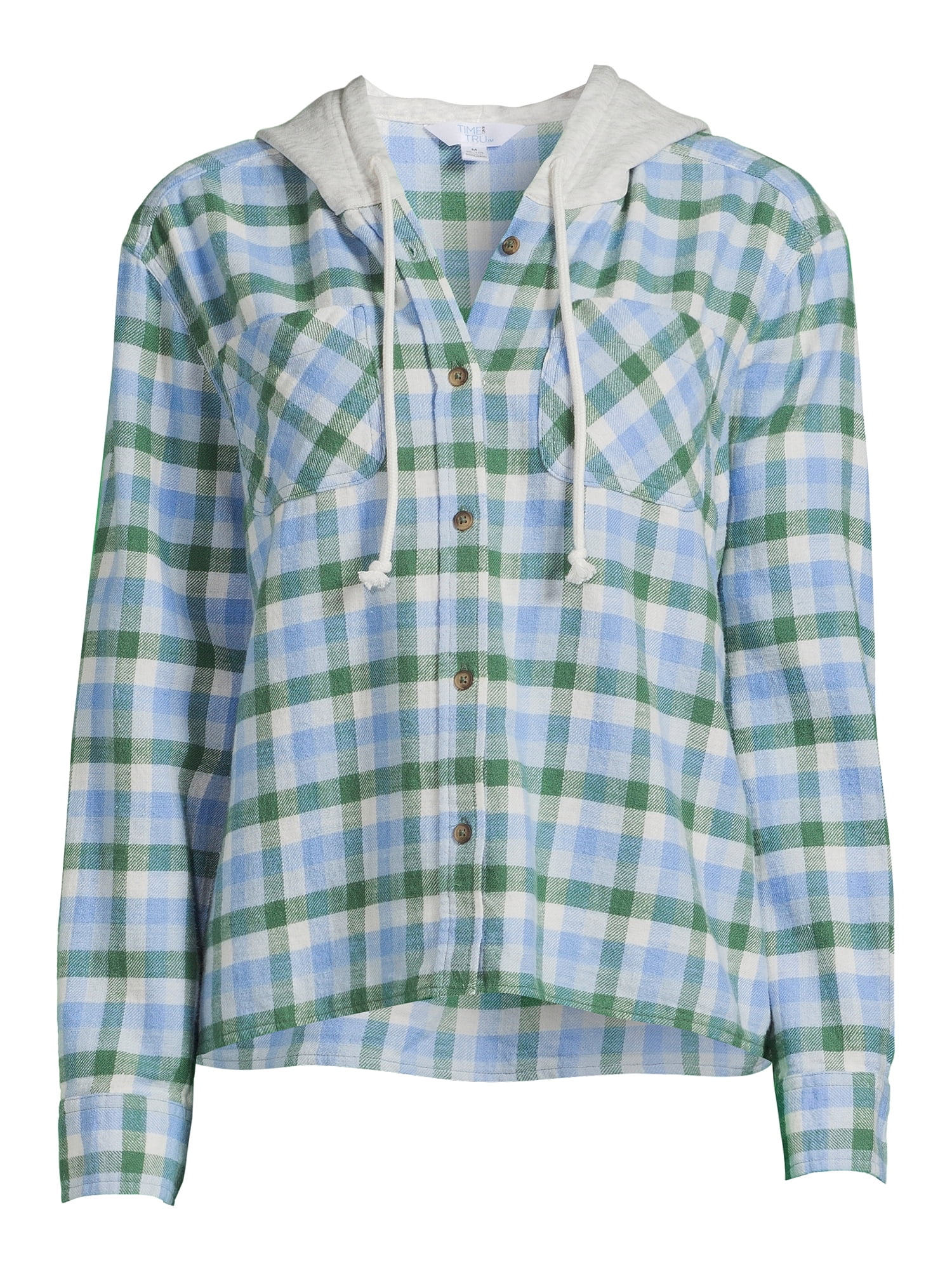Time and Tru Women's Hooded Crop Flannel Shirt, Sizes XS-XXXL
