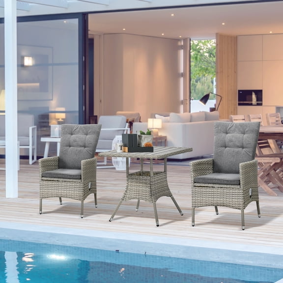 Outsunny 3pc Patio Furniture, Wicker Reclining Chairs & Table, Gray
