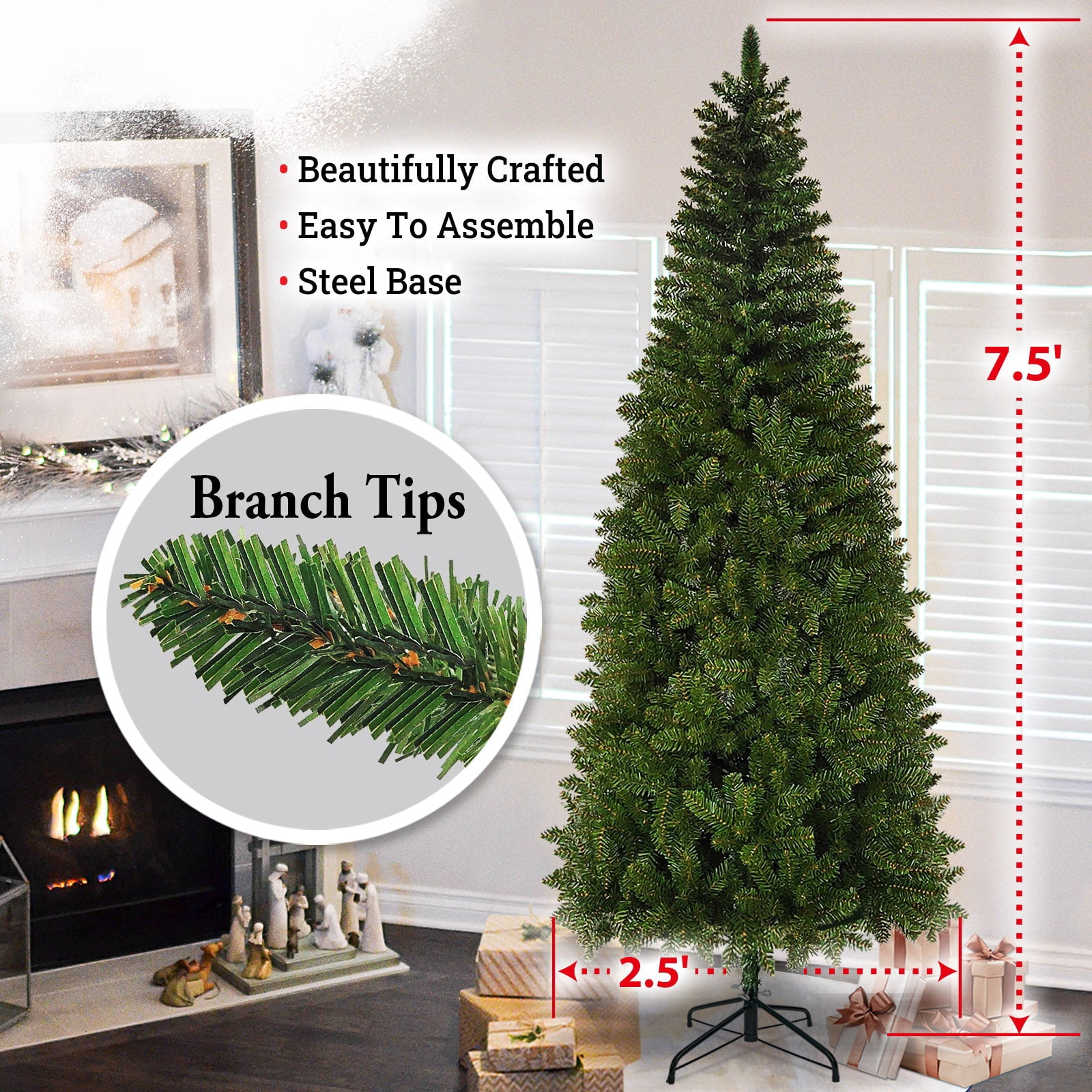 SUNRISEUMBRELLA Artificial Pencil Slim hinged Christmas Tree with Metal Stand, Kingswood Fir Slim (7.5 ft)