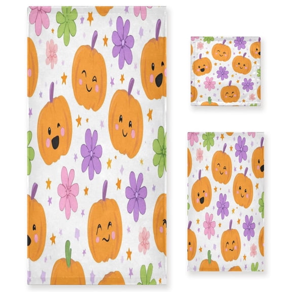 3 Piece Bath Towels Set Bath Towel, Hand Towel and Face Towel for Bathroom, Gym, Hotel Smiling Pumpkins and Flowers