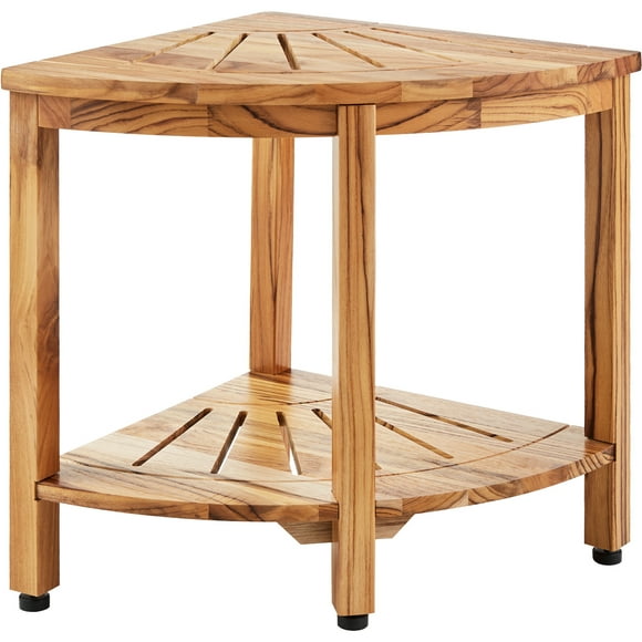 KFFKFF Teak Corner Shower Seat, Dimensions: 18.5" Tall, 15.5" Radius, Crafted from 100% Teak Wood, Corner Shower Bench with 500 LBS Capacity and Storage Shelf, Suitable for Indoor & Outdoor Showers