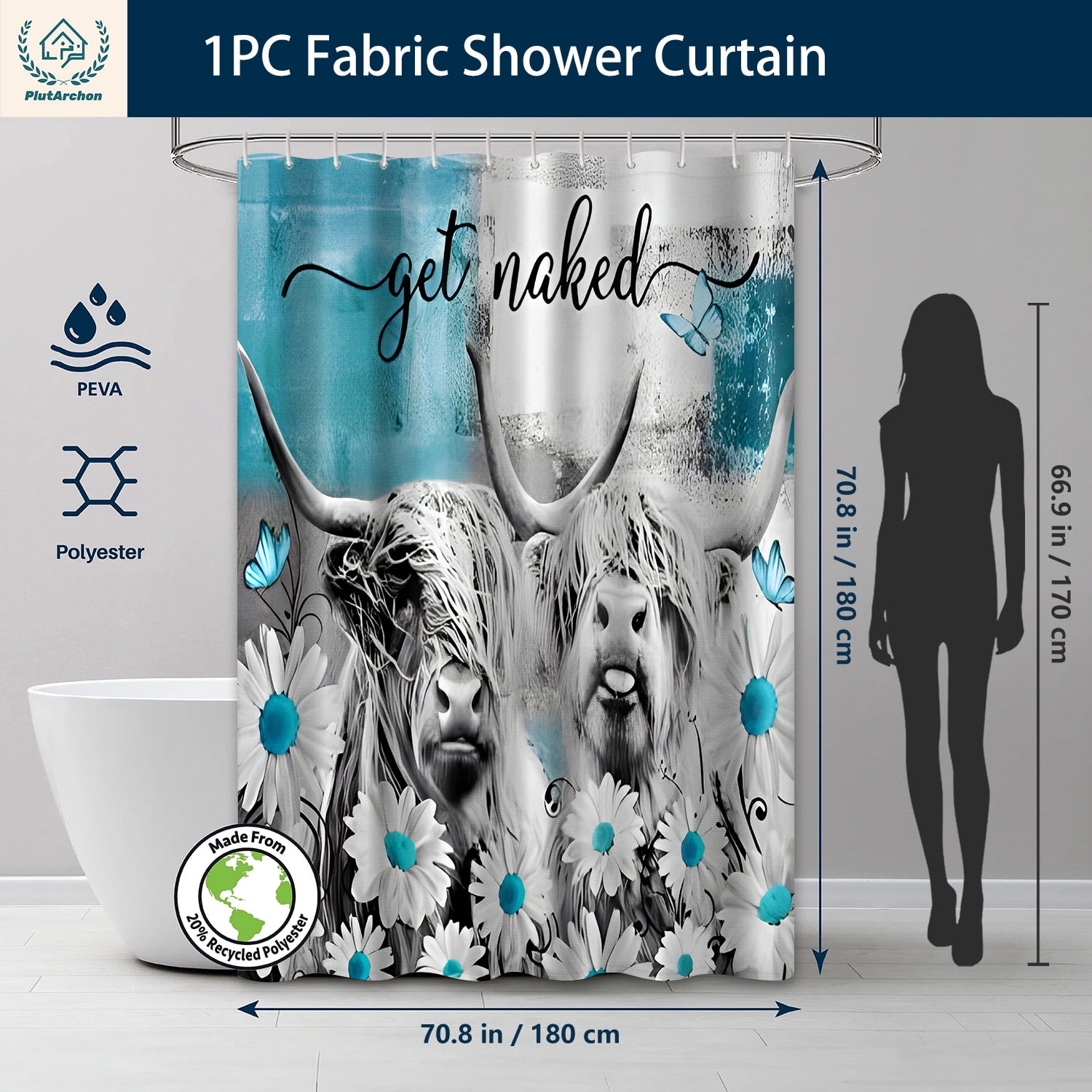PLUTARCHON 1pc Playful Highland Cow Bathroom Set - Turquoise Fabric Shower Curtain & Rug, Get Naked Funny Modern Decor, 70.8"x70.8"