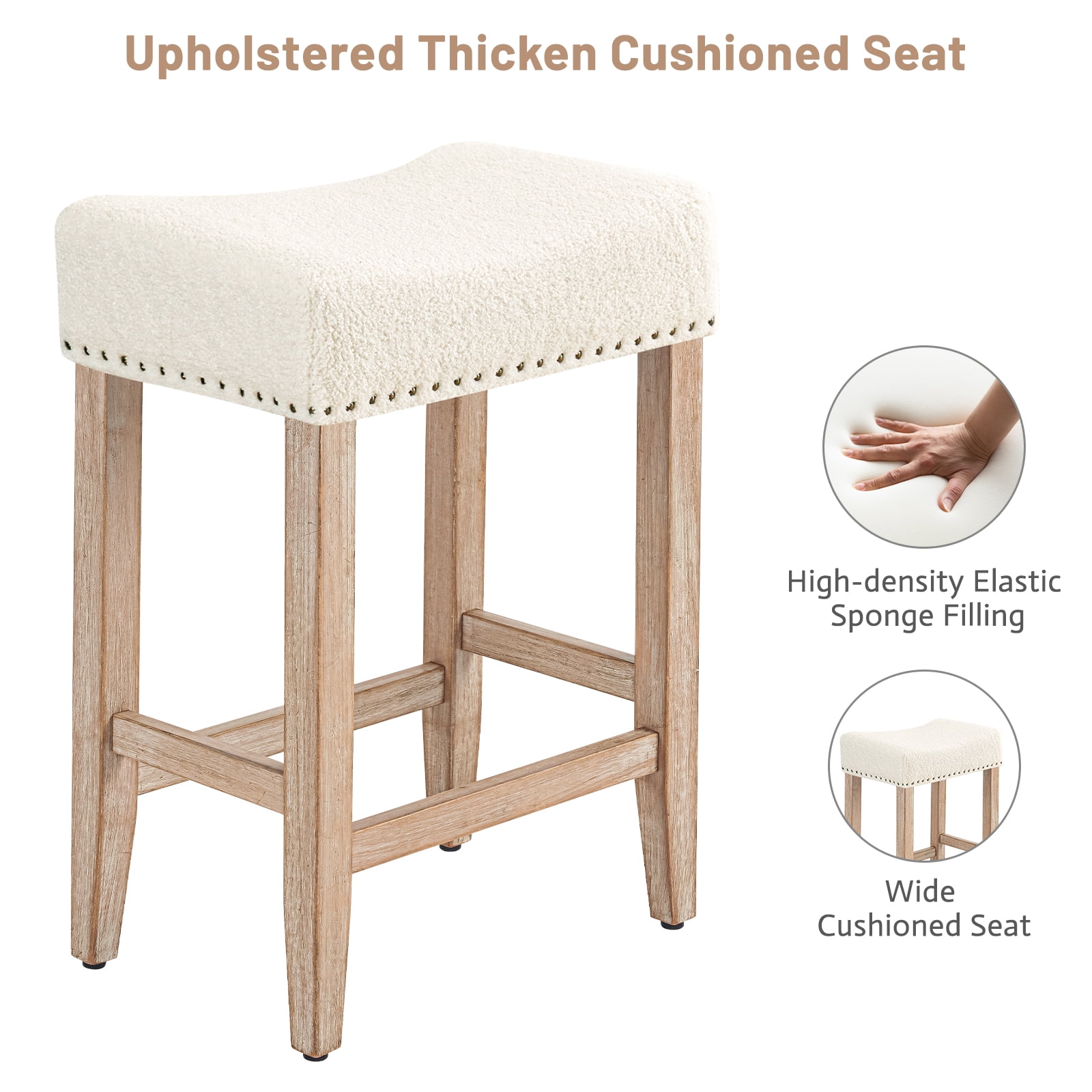 Furniliving 26" Modern Saddle Barstools, Sherpa Backless Kitchen Counter Bar Stool, Set of 2, Beige
