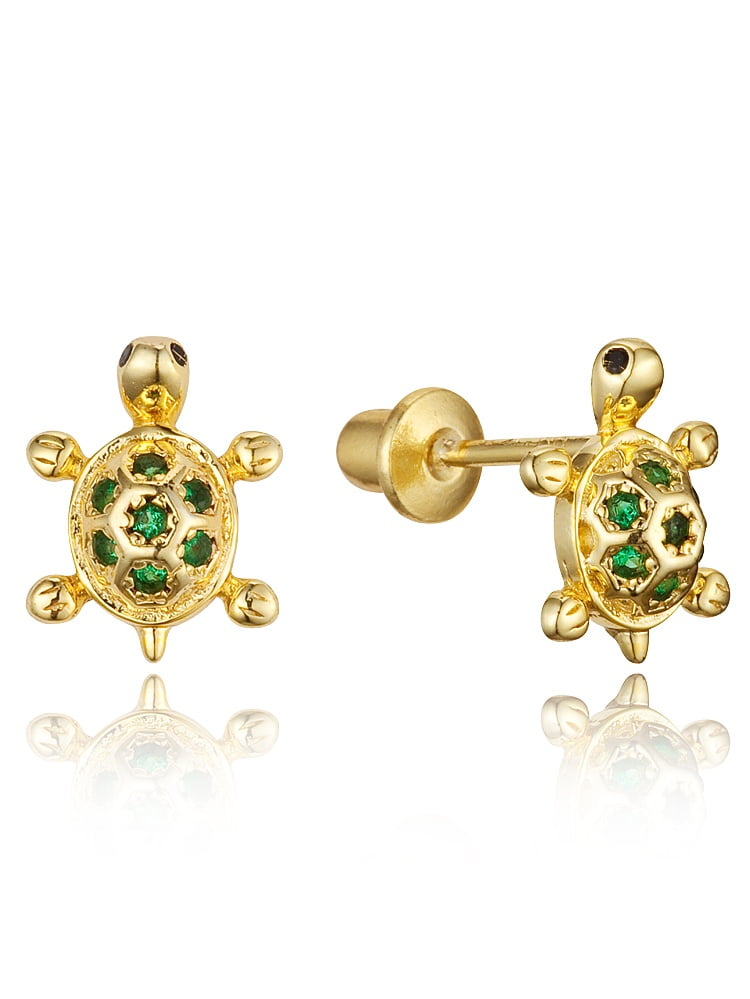 14k Gold Plated Brass Turtle Cubic Zirconia Screwback Baby Girls Earrings with Sterling Silver Post