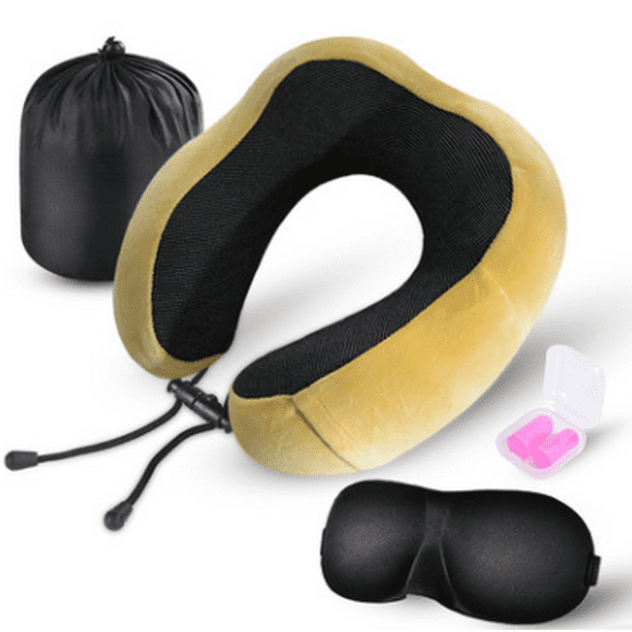 Travel Pillow,100% Memory Foam Neck Pillow,With Comfortable And Breathable Cover,Airplane Travel Kit Cooling Pillow,With 3D Eye Mask, Earplugs And Storage Bag,Machine Washable,Black,Navy Blue,Yellow