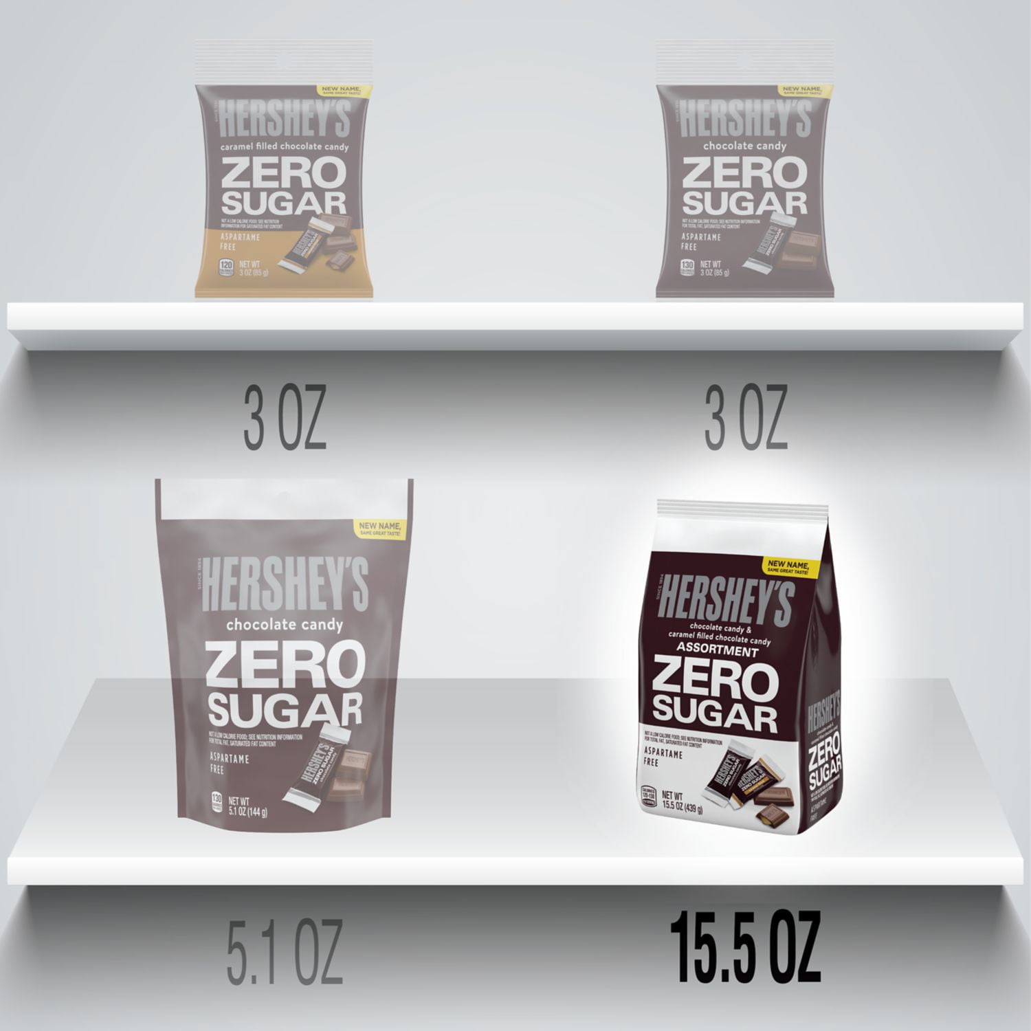 HERSHEY'S, ZERO SUGAR Chocolate and Caramel Filled Chocolate Assortment Sugar Free Candy Bars, Individually Wrapped, 15.5 oz, Bag