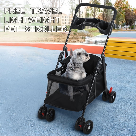 SHUO Y - Foldable Pet Stroller for Small & Medium Dogs/Cats, Breathable Mesh Dog Stroller with Cup Holders & Rear Wheel Brakes, Black