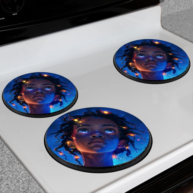 BaHomeck Electric Stove Burner Covers Set of 4,Round Metal Gas Stove Burner Covers 8 Inch and 10 Inch,Kitchen Decor,Beautiful Black Woman With Glowing Eyes And Short Hair