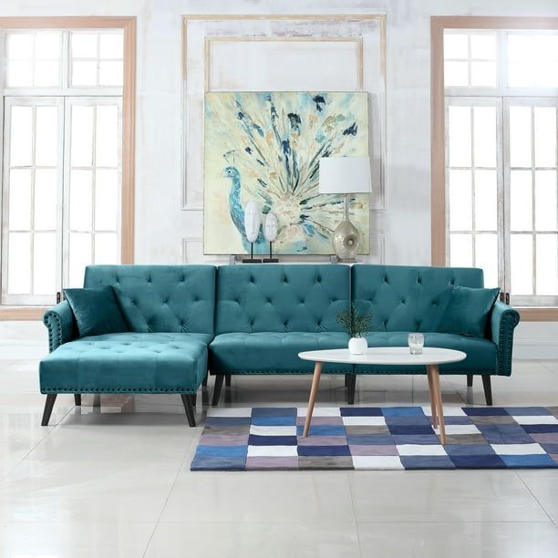 Mid Century Style Microfiber Velvet Futon Sectional, Teal - Walmart.com