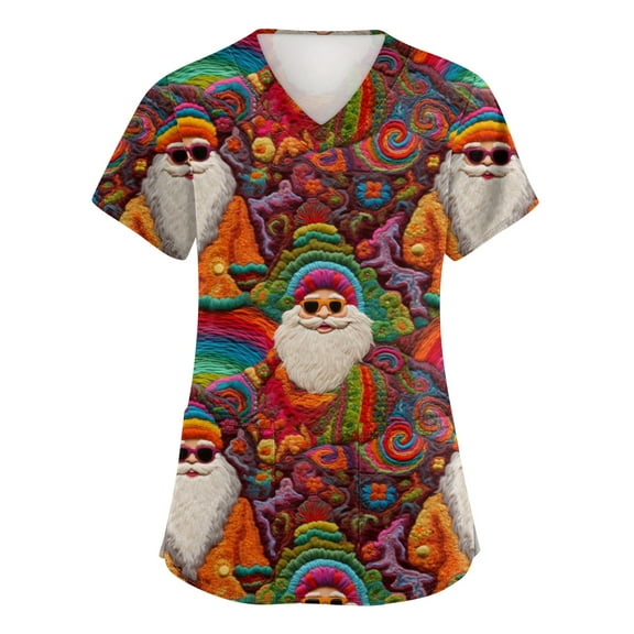 Garbnen Christmas Scrub Tops Women Print V Neck Short Sleeve Cute Tops for Women Winter Fall Xmas Print Nursing Uniforms with Pockets S-5xl