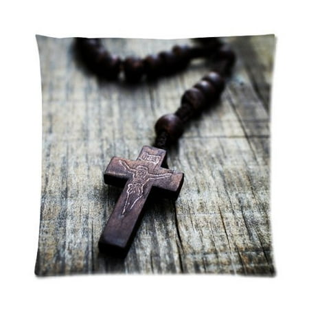 Zippered Rosary Case - ARTJIA A Rosary Cross on Wooden Background. Picture Zippered Throw Pillow Cover Cushion Case 16x16 inches Two Sides Printing