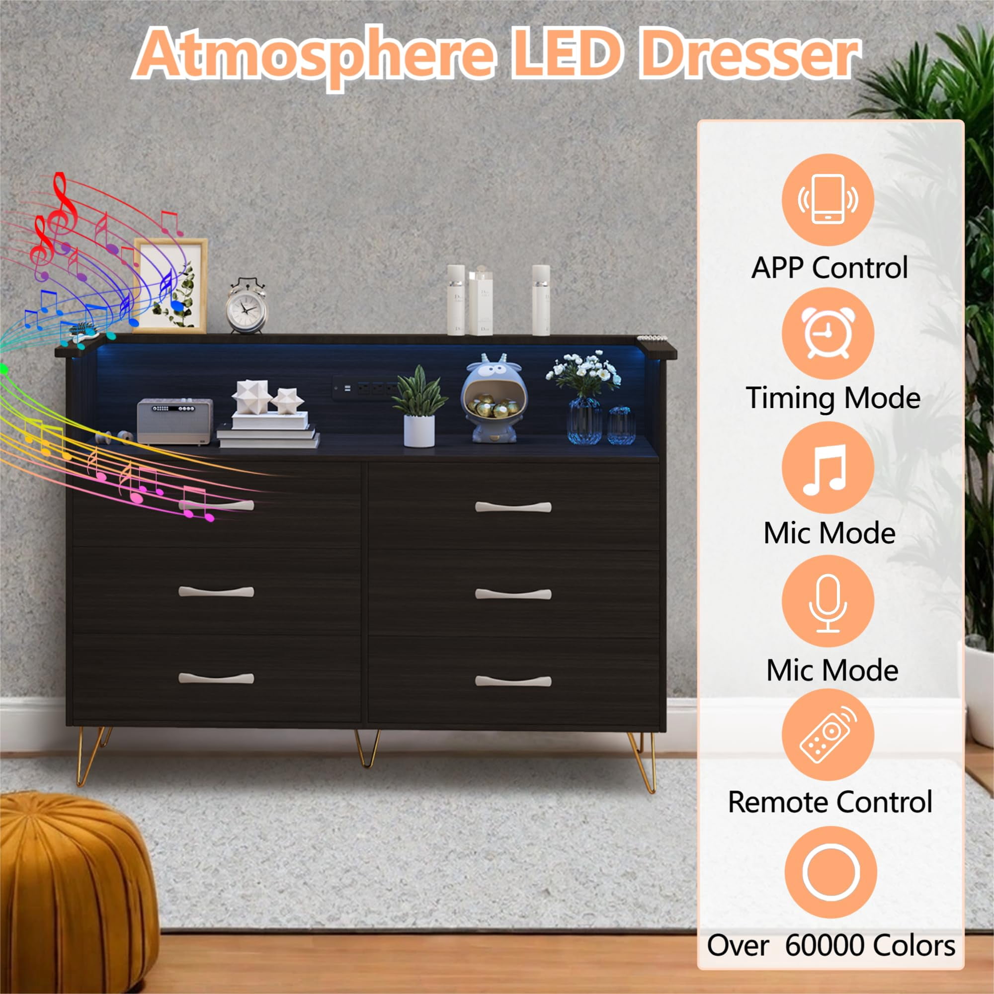 6 Drawer Black Dresser with LED Lights and Charging Station,Modern Wood Dressers for Bedroom & Living Room
