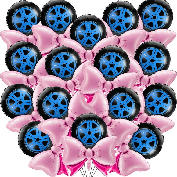 32 Pcs Bow or Burnout Gender Reveal Foil Balloons Set, 18 Inches Wheels Balloon, Bow Balloon, Large Pink Bowtie Foil Balloons for Gender Reveal, Baby Shower Wedding Birthday Party Decoration